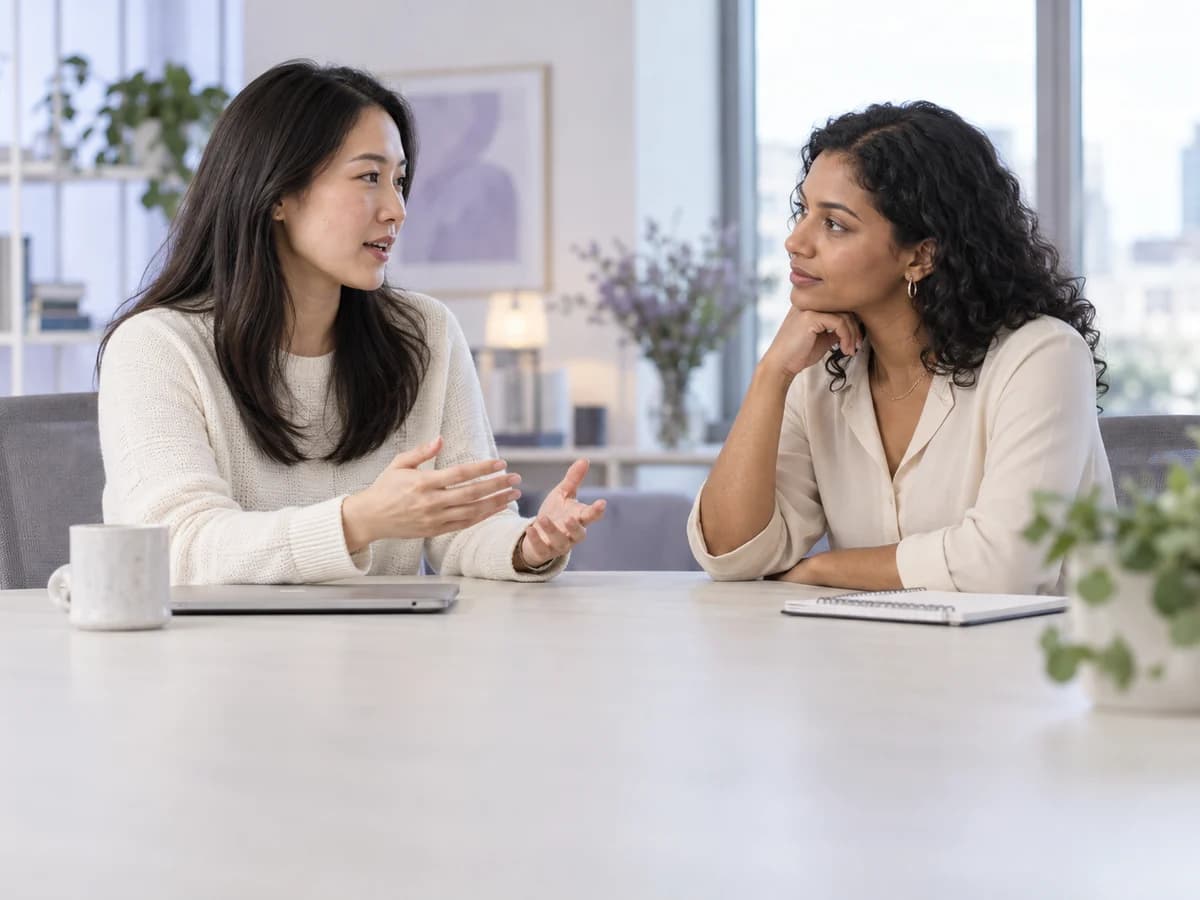 Two colleagues speaking and listening attentively in a bright workplace